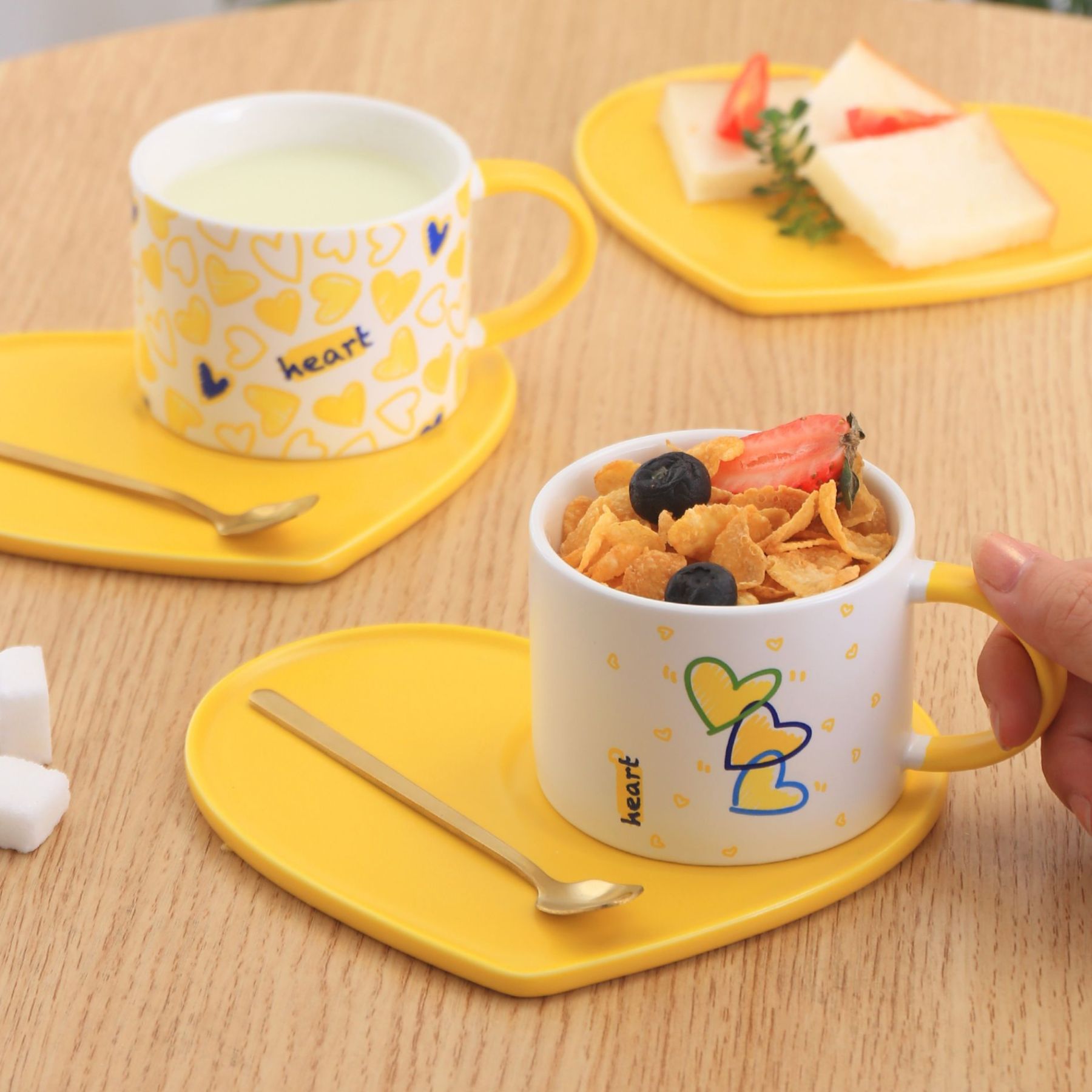 Sunshine Yellow Heart-Shaped Ceramic Cup & Saucer Set – 7oz Lovable Coffee Mug for Couples, Gifting & Branding