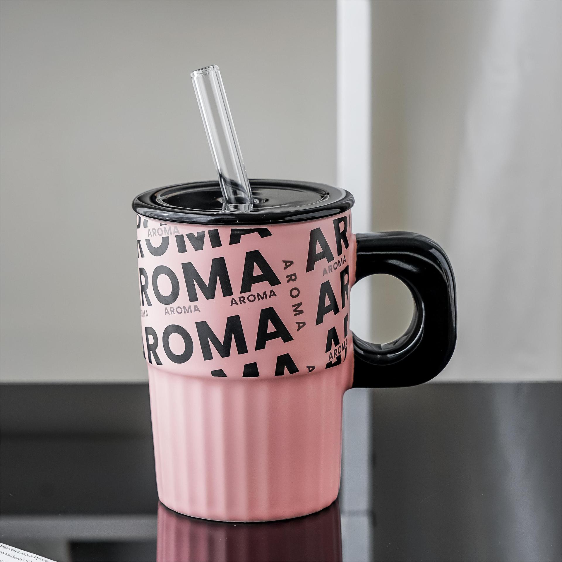 Large Capacity English Letter Ceramic TrabMug with Lid & Straw – 16oz 