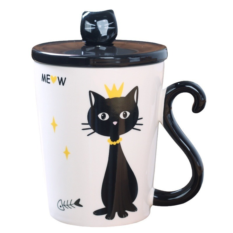 Elegant Miss Cat Ceramic Mug with Lid & Spoon – 12oz Whimsical Coffee Cup for Gifting, Office & Custom Branding (3.2”H x 3.9”D, Gift Box Included)