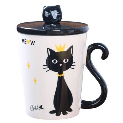 Elegant Miss Cat Ceramic Mug with Lid & Spoon – 12oz Whimsical Coffee Cup for Gifting, Office & Custom Branding (3.2”H x 3.9”D, Gift Box Included)