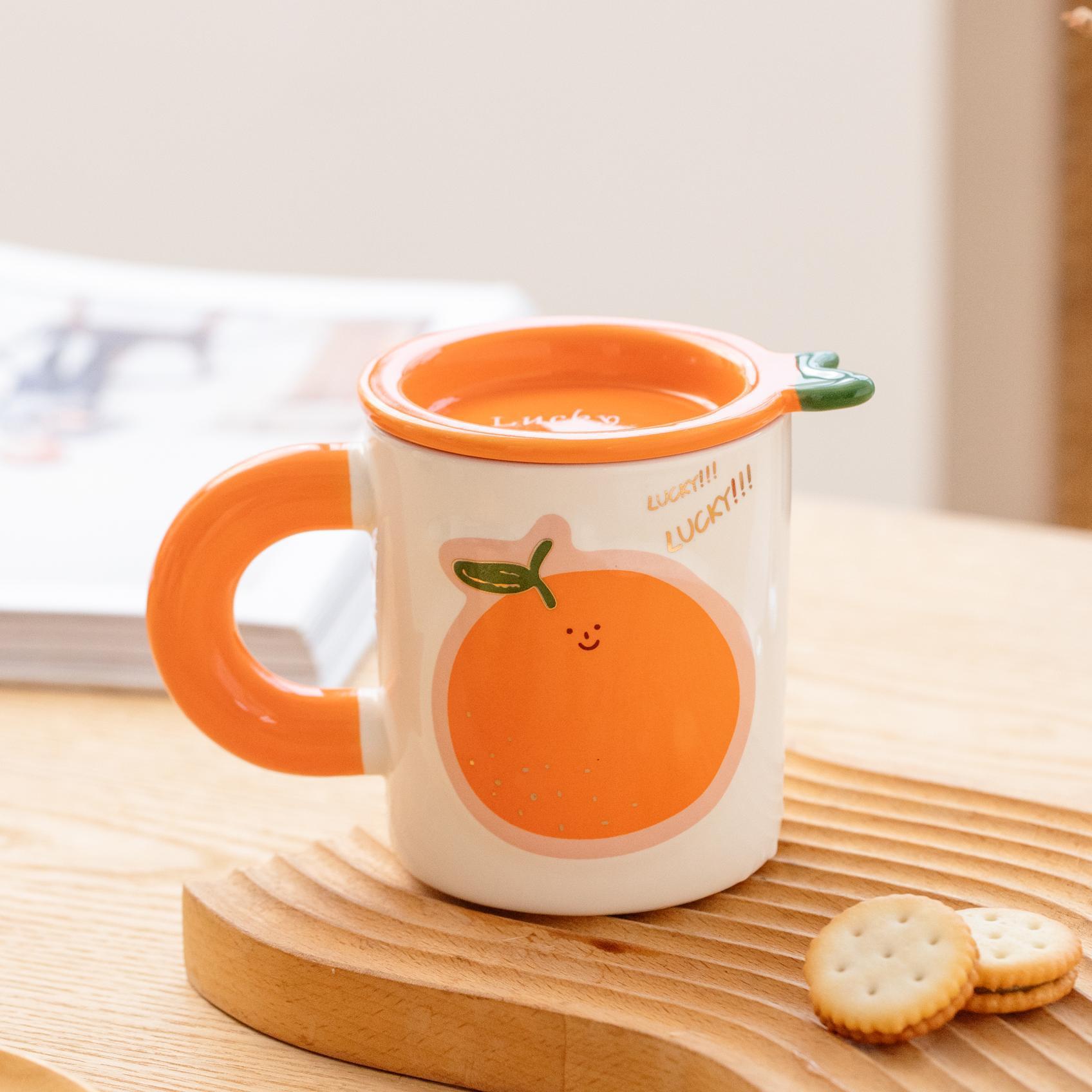 12oz Cartoon Fruit Ceramic Mug with Lid – Cute Watermelon/Orange/Peach
