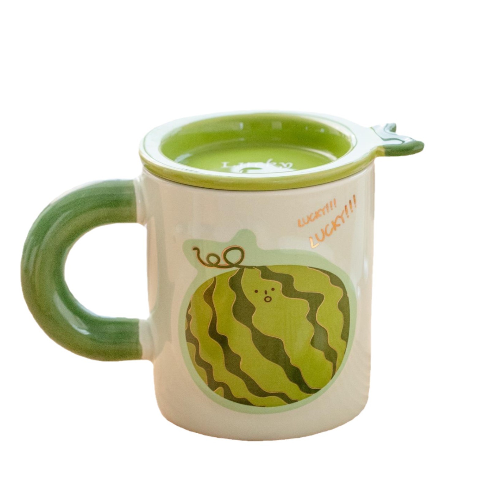 12oz Cartoon Fruit Ceramic Mug with Lid – Cute Watermelon/Orange/Peach/Grape Design, Microwave-Safe Coffee Cup for Students, Couples & Gifting (4.5"H × 3.5"W)