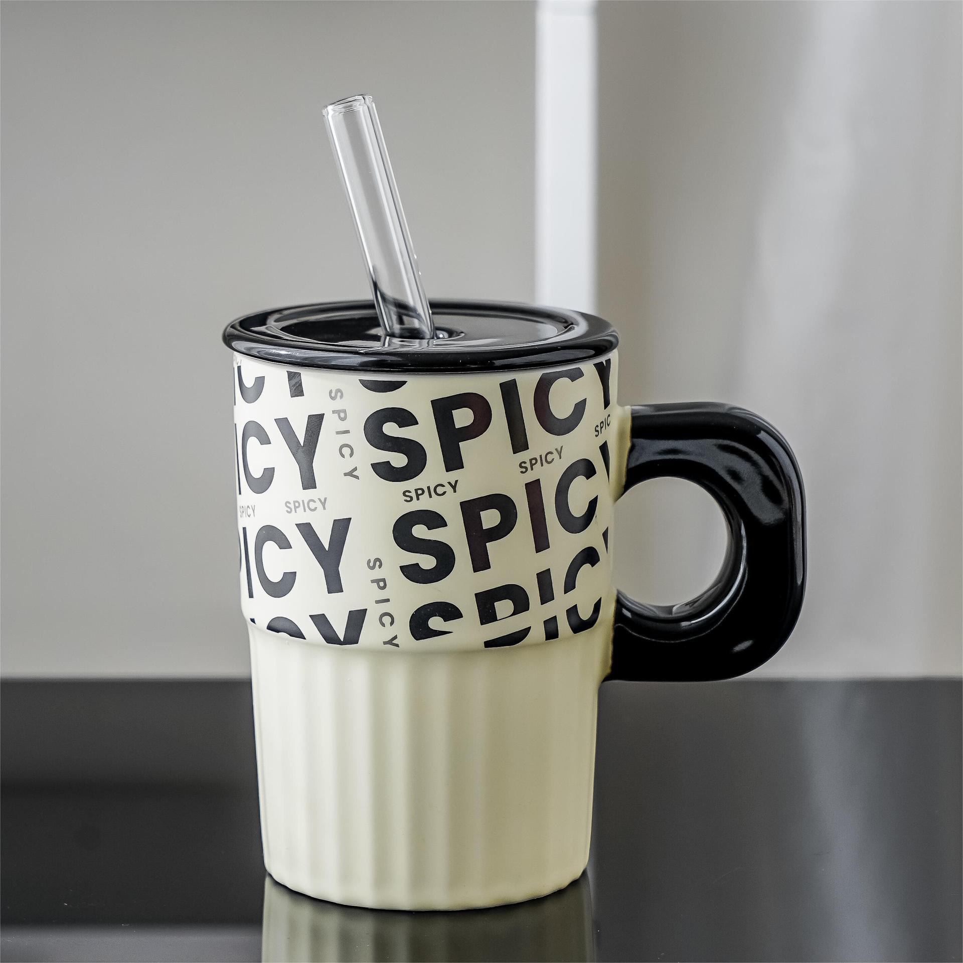 Large Capacity English Letter Ceramic TrabMug with Lid & Straw – 16oz 