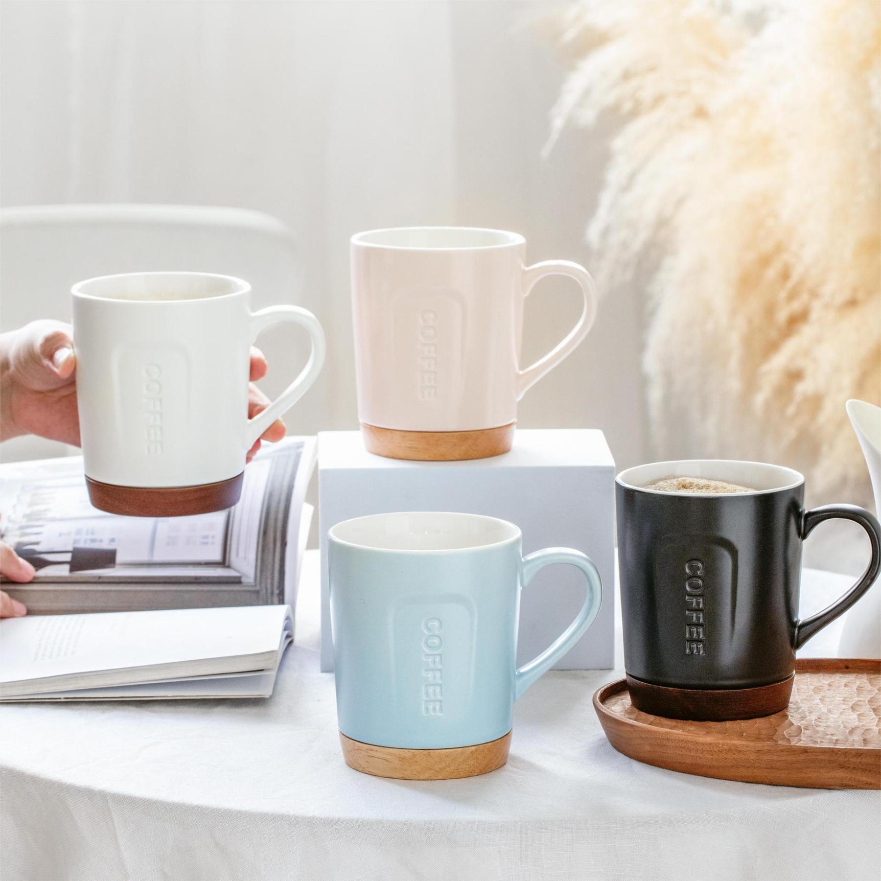 Modern Minimalist Ceramic Mug with Wooden Coaster – 14.2oz Embossed Coffee Cup for Office & Home (White/Black/Pink/Blue, 4.3"H x 3.5"D)