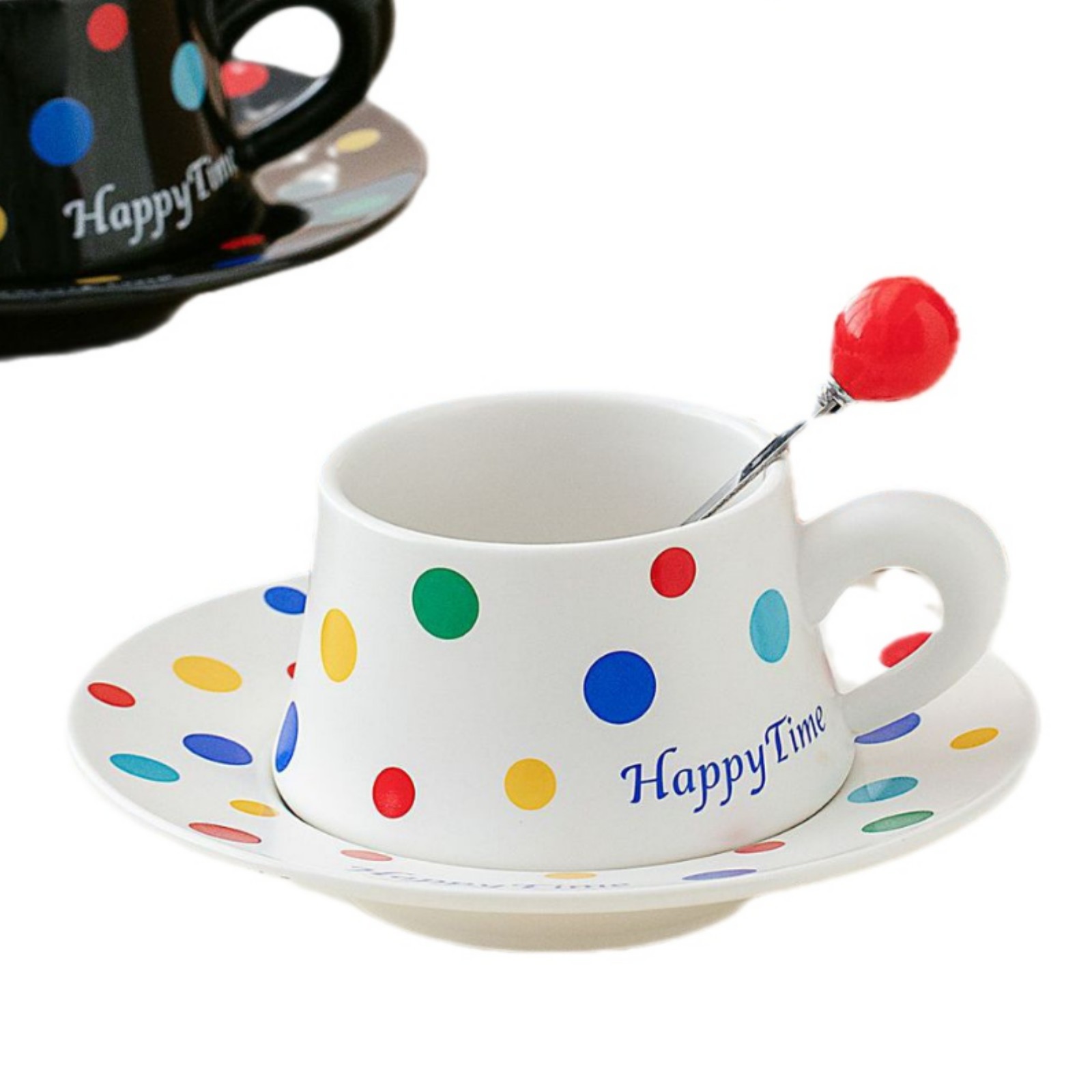 Modern Polka Dot Coffee Mug Set – 8.8oz Minimalist Ceramic Cup & Saucer for Office, Couples & Home (Black/White/Beige, Gift Box)