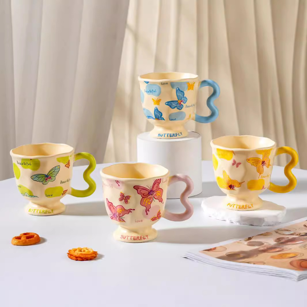 Whimsical Butterfly Ceramic Mug – 13.5oz Playful Coffee Cup with Cartoon Art, Microwave-Safe, Gift Box (4.1"H x 4.1"W)