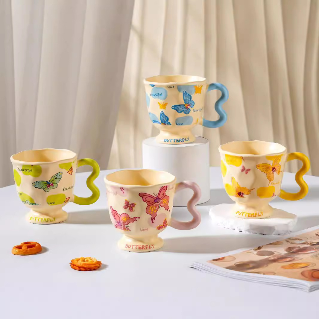 Whimsical Butterfly Ceramic Mug – 13.5oz Playful Coffee Cup with Cartoon Art, Microwave-Safe, Gift Box (4.1"H x 4.1"W)