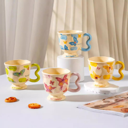 Whimsical Butterfly Ceramic Mug – 13.5oz Playful Coffee Cup with Cartoon Art, Microwave-Safe, Gift Box (4.1"H x 4.1"W)