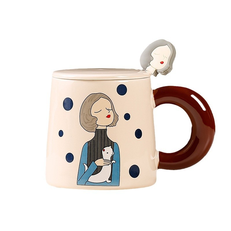 Creative Cartoon Girl Color-Blocked Ceramic Mug – 13oz Large Handle Cup for Couples, Office & Home Use (3.5"H x 3"W, Gift-Ready)