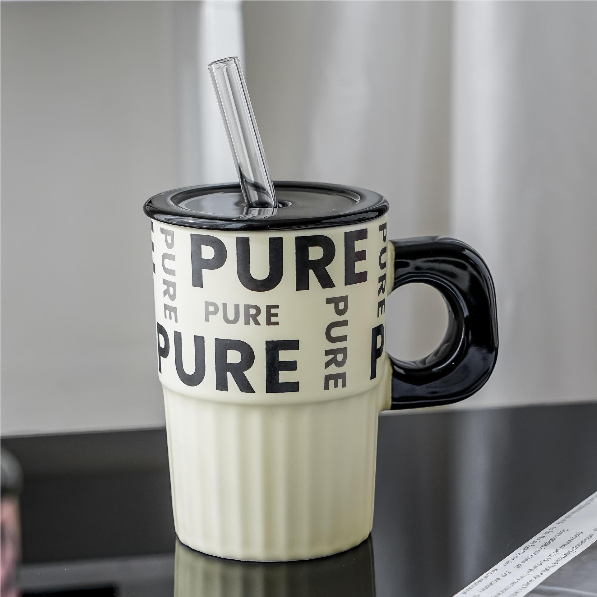 Large Capacity English Letter Ceramic TrabMug with Lid & Straw – 16oz 