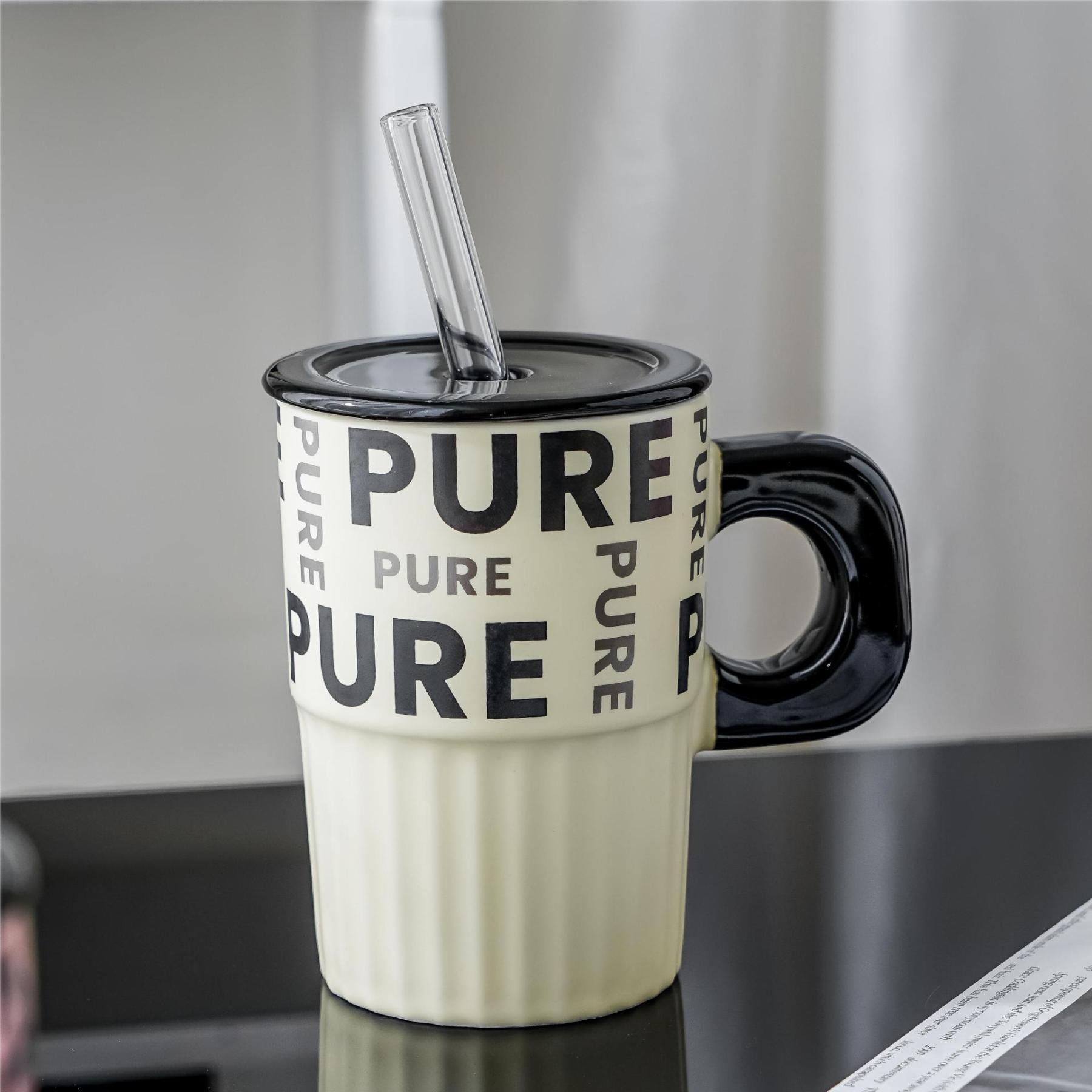 Large Capacity English Letter Ceramic TrabMug with Lid & Straw – 16oz 