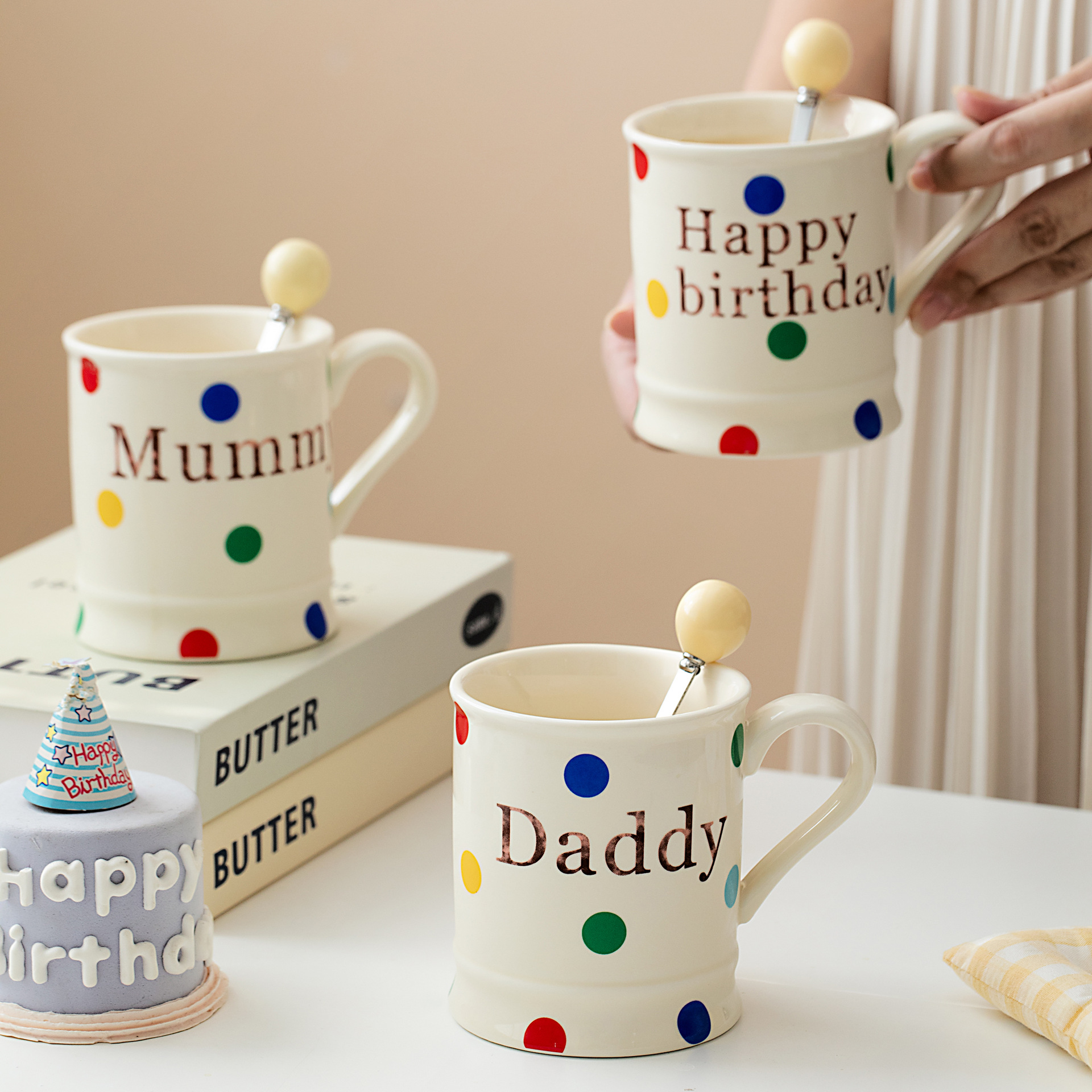 Polka Dot Ceramic Mug with Spoon – 14oz Cute Coffee Cup for Women, Office & Gifting (3.9"H x 3.3"W, Microwave-Safe, Customizable)