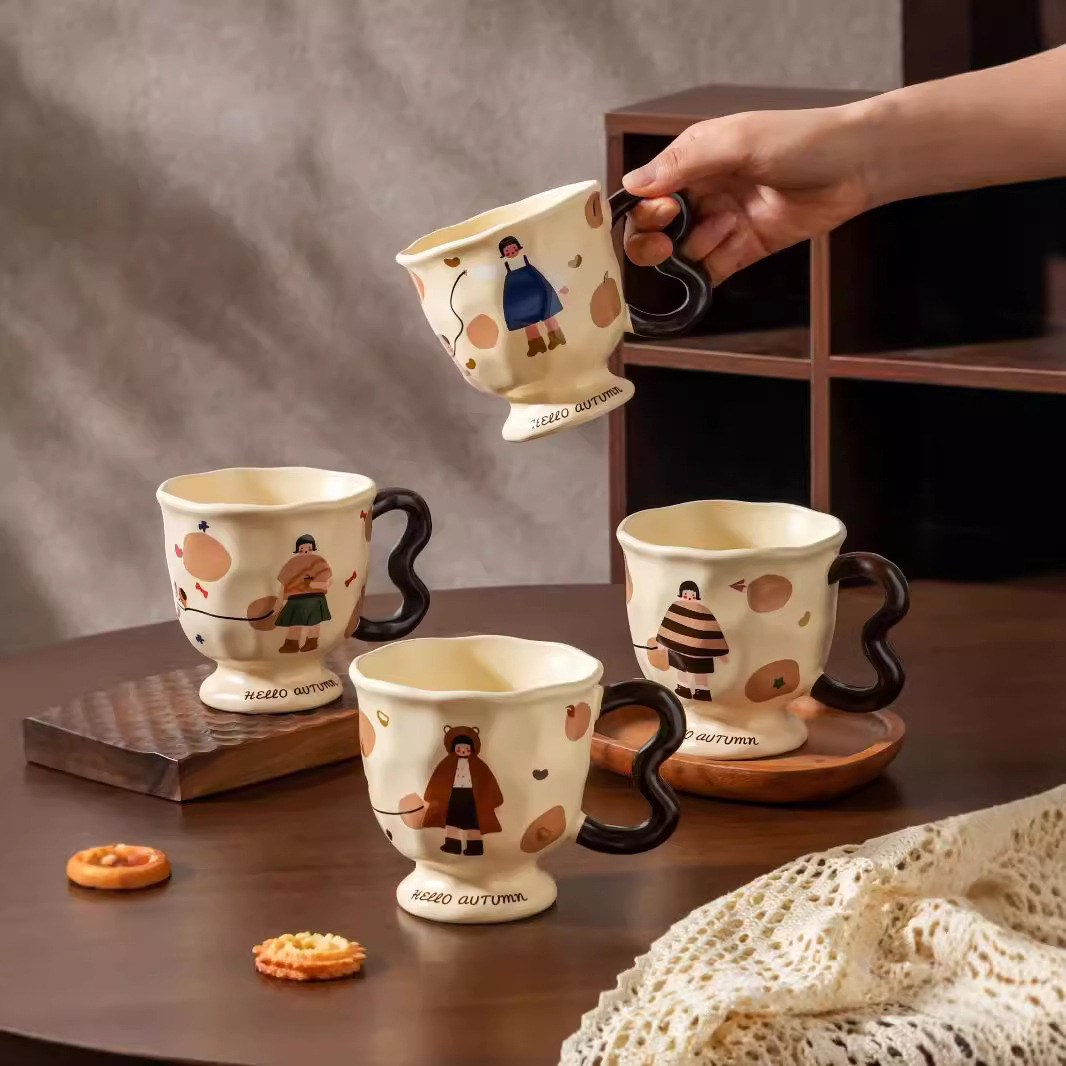 Cartoon Girl Retro Ceramic Coffee Mug – 13.5oz Whimsical Tea Cup with Handle for Gifting & Custom Branding (4.13” Height, Vintage Designs)