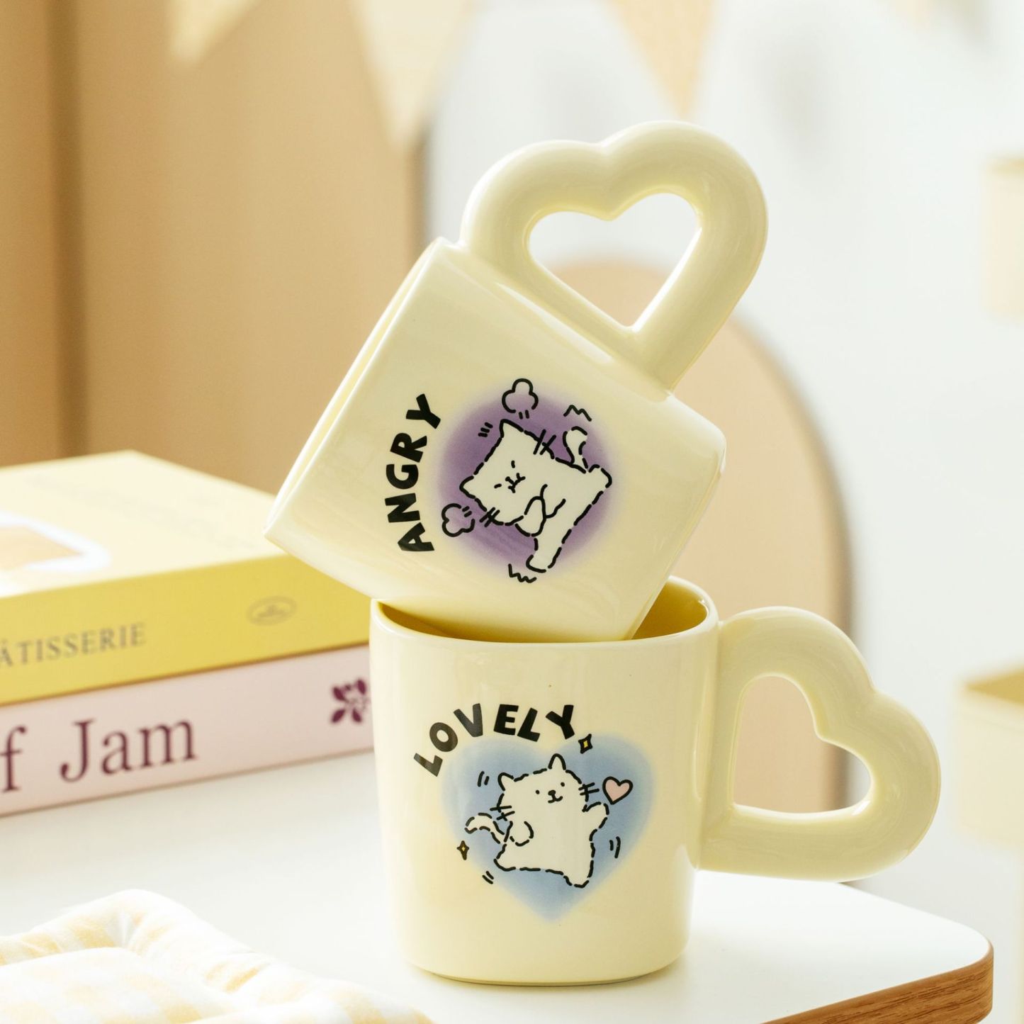 Customizable Cartoon Cat Ceramic Mug – 14oz Cute Coffee Cup with Animal Letters, Microwave-Safe & Gift Box (Purple/Pink/Blue)