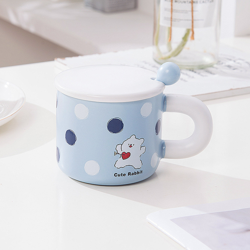 Cute Rabbit Bear Puppy Cartoon Ceramic Mug with Lid & Spoon – 13.5oz Aesthetic Gift for Students, Couples & Branding (4.3"H x 3.1"D, Gift Box)