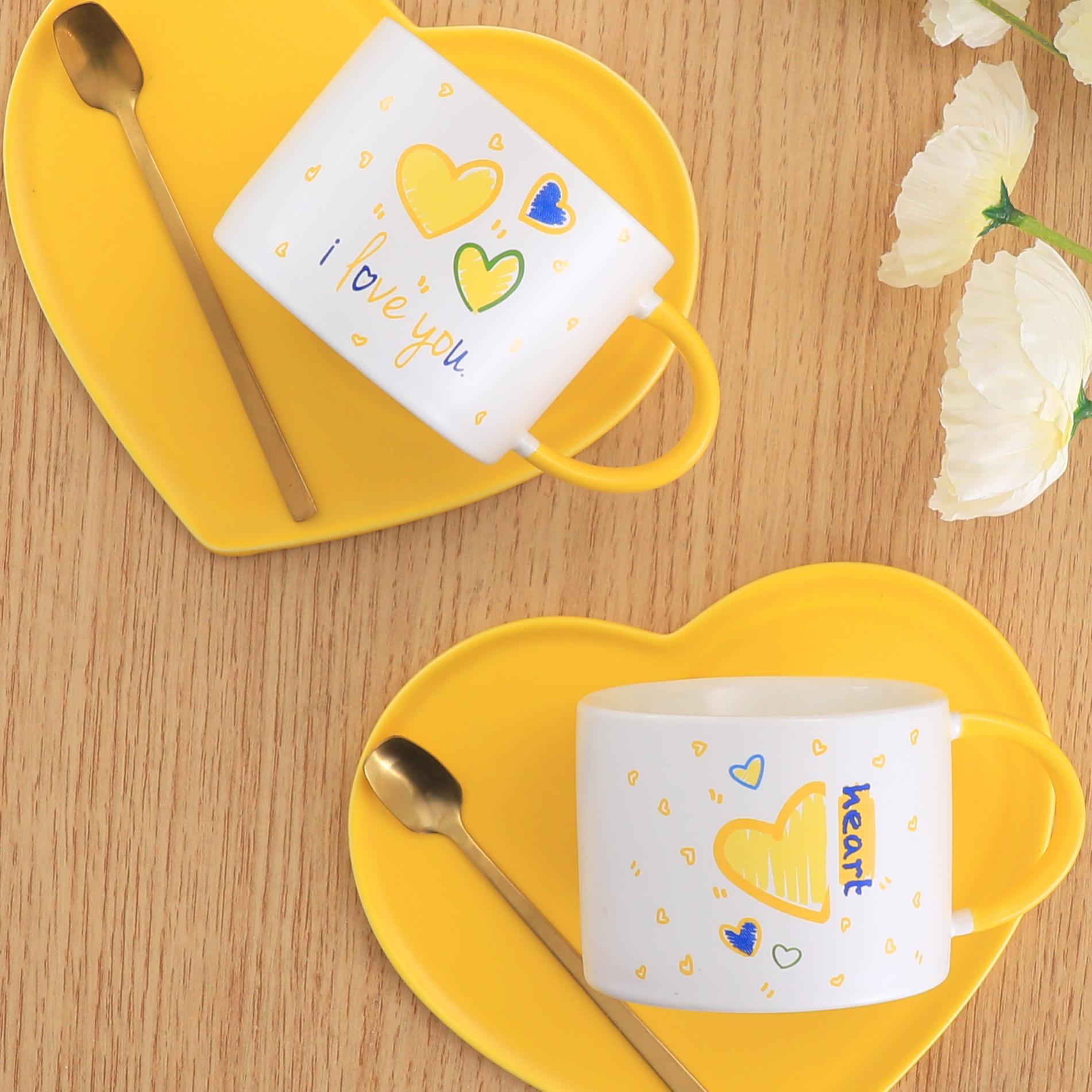 Sunshine Yellow Heart-Shaped Ceramic Cup & Saucer Set – 7oz Lovable Coffee Mug for Couples, Gifting & Branding
