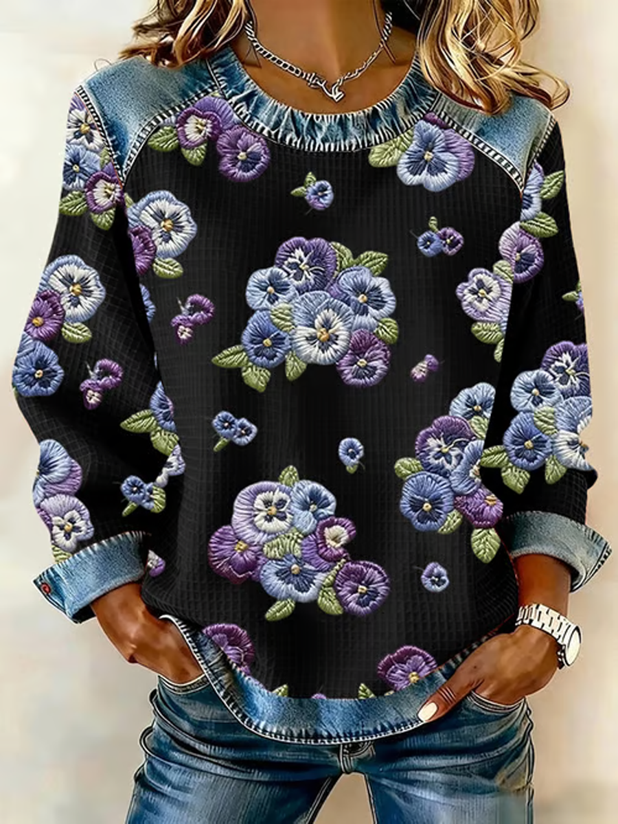 Women's Purple Pansy Flowers Print Casual Sweatshirt 