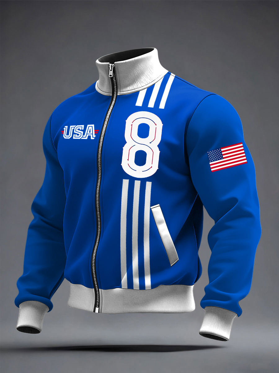 Men's US Printed long Sleeved Zipper Stand Up Collar Jacket