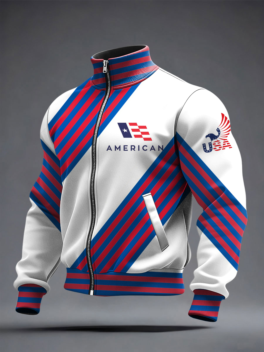 Men's US Printed long Sleeved Zipper Stand Up Collar Jacket