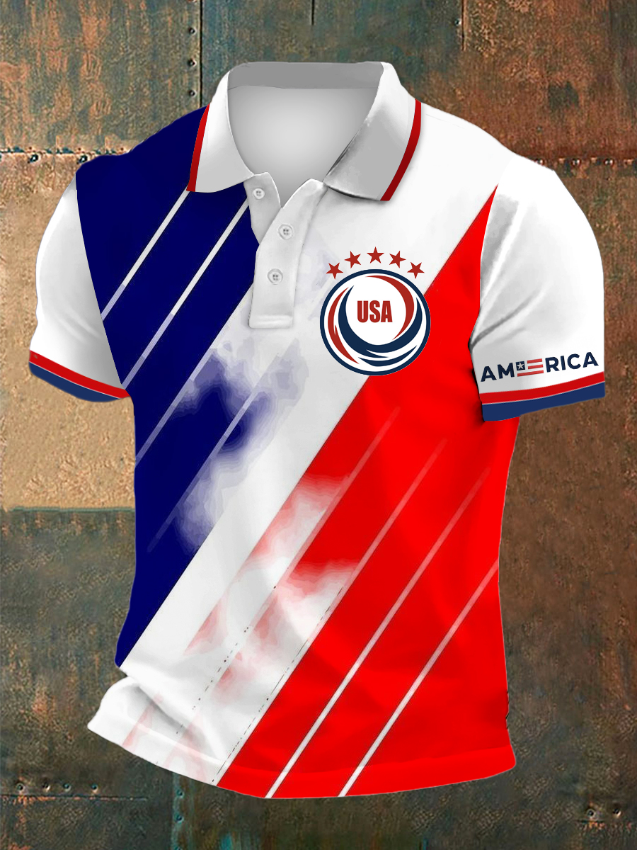 Men's US Print Polo Collar Casual Short Sleeved Shirt