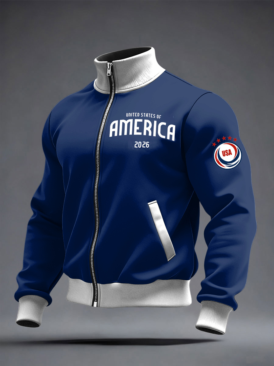 Men's US Printed long Sleeved Zipper Stand Up Collar Jacket