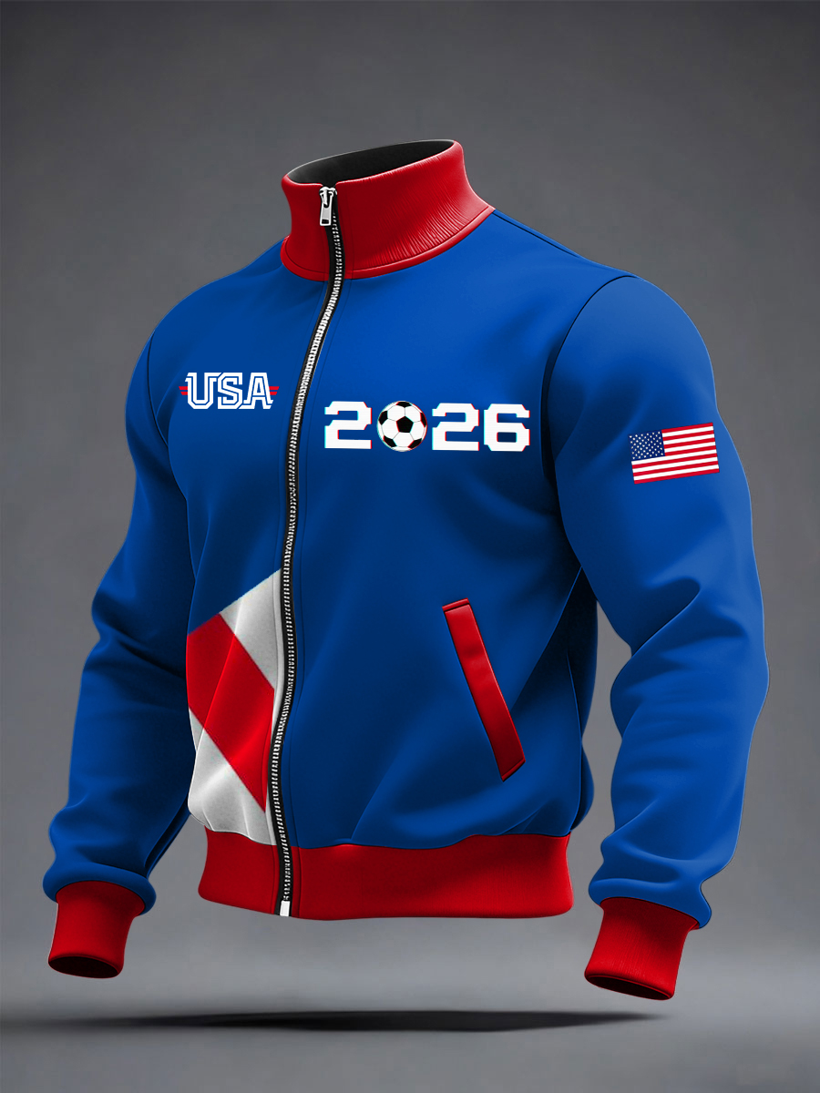 Men's US Printed long Sleeved Zipper Stand Up Collar Jacket