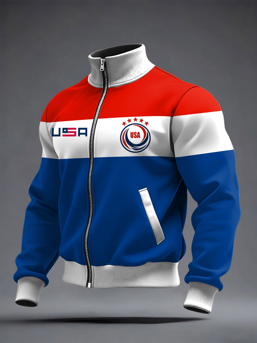 Men's US Printed long Sleeved Zipper Stand Up Collar Jacket