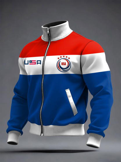 Men's US Printed long Sleeved Zipper Stand Up Collar Jacket