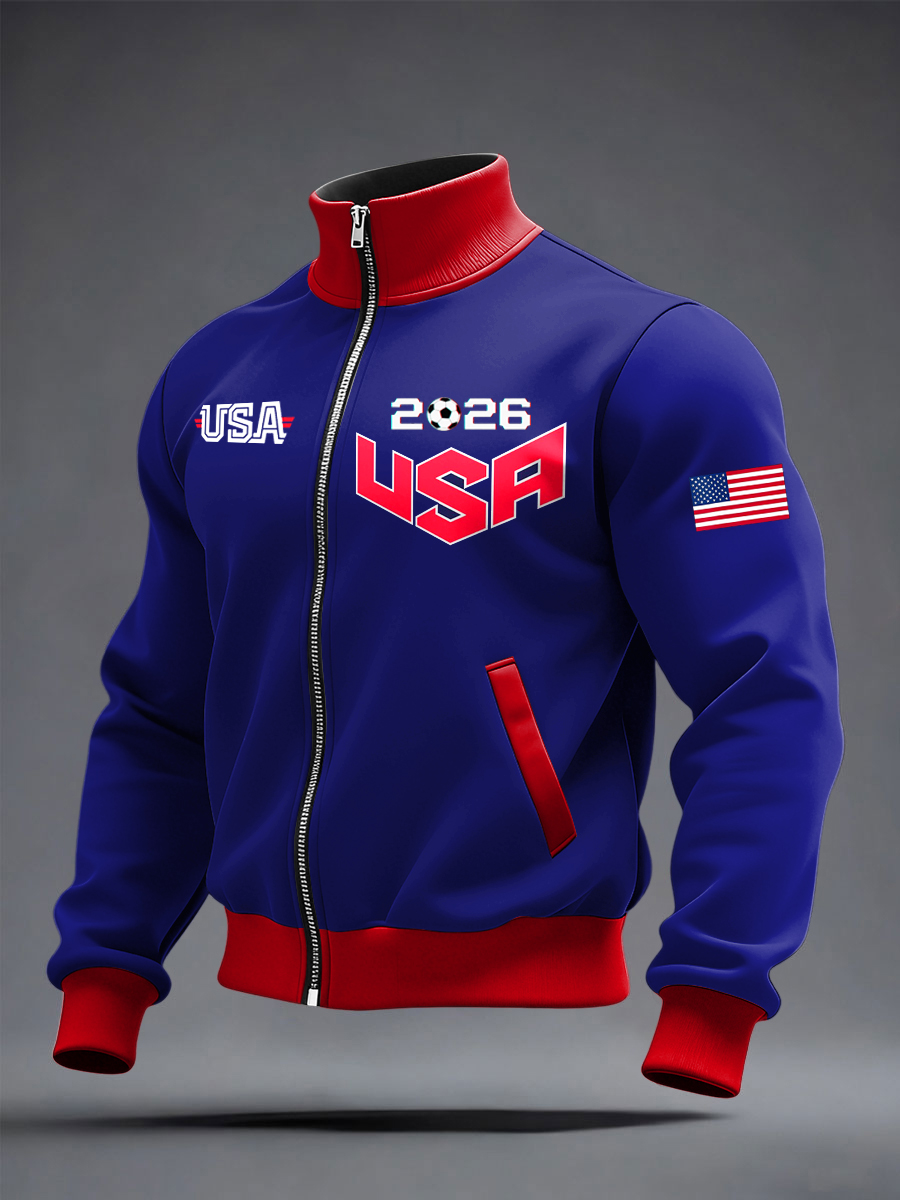 Men's US Printed long Sleeved Zipper Stand Up Collar Jacket