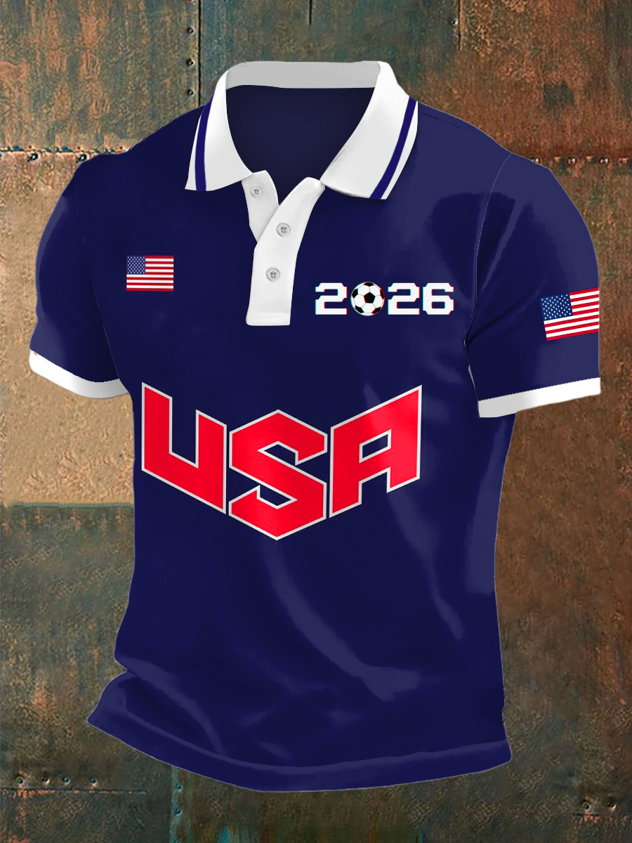 Men's USA Print Polo Collar Casual Short Sleeved Shirt