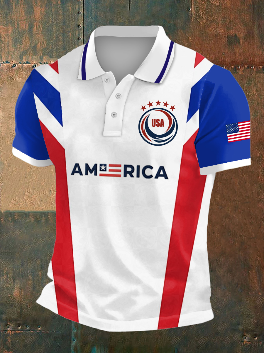 Men's USA Print Polo Collar Casual Short Sleeved Shirt
