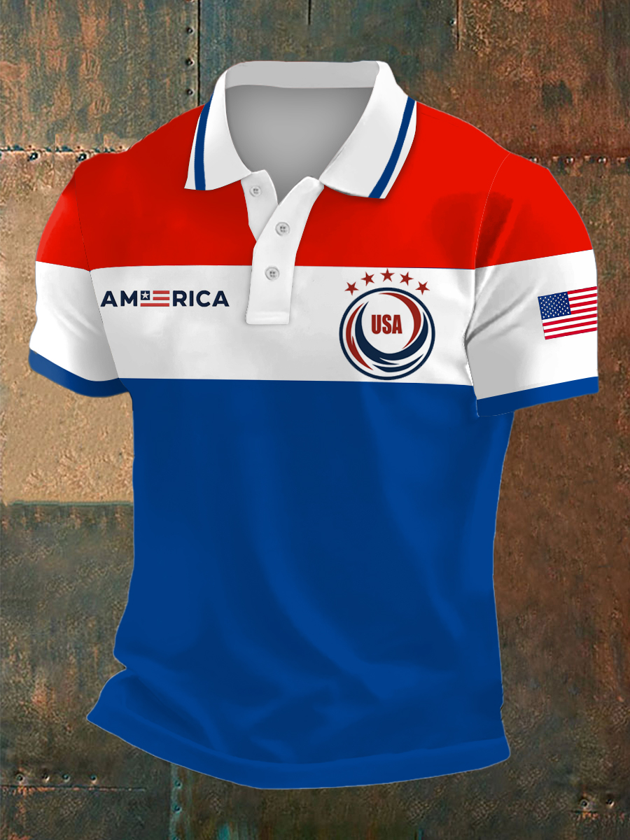 Men's USA Print Polo Collar Casual Short Sleeved Shirt