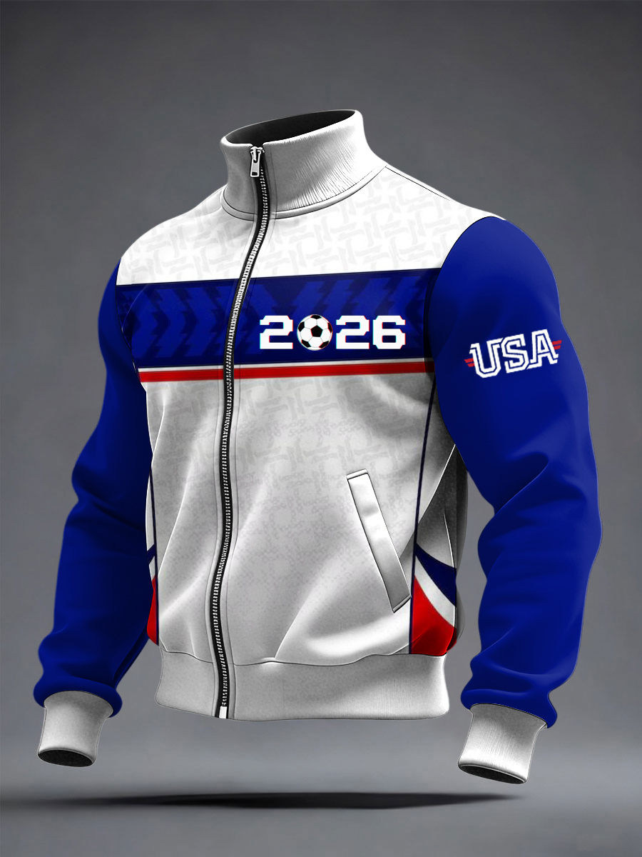 Men's US Printed long Sleeved Zipper Stand Up Collar Jacket