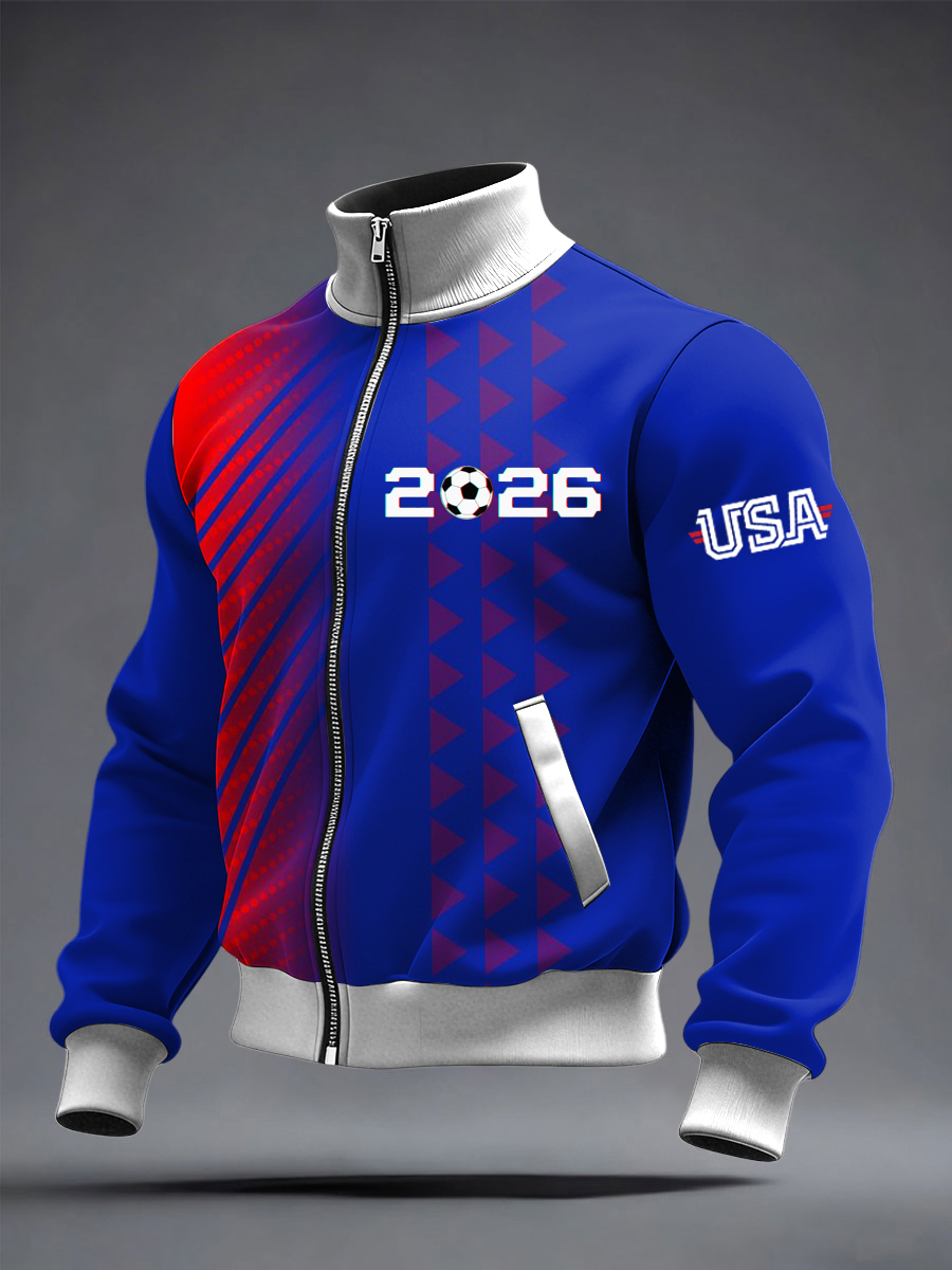 Men's US Printed long Sleeved Zipper Stand Up Collar Jacket