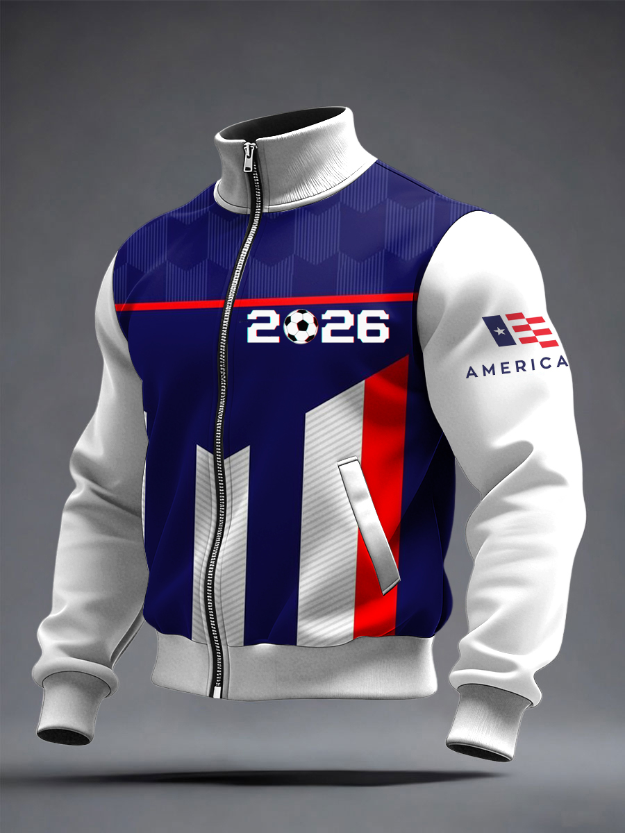 Men's US Printed long Sleeved Zipper Stand Up Collar Jacket