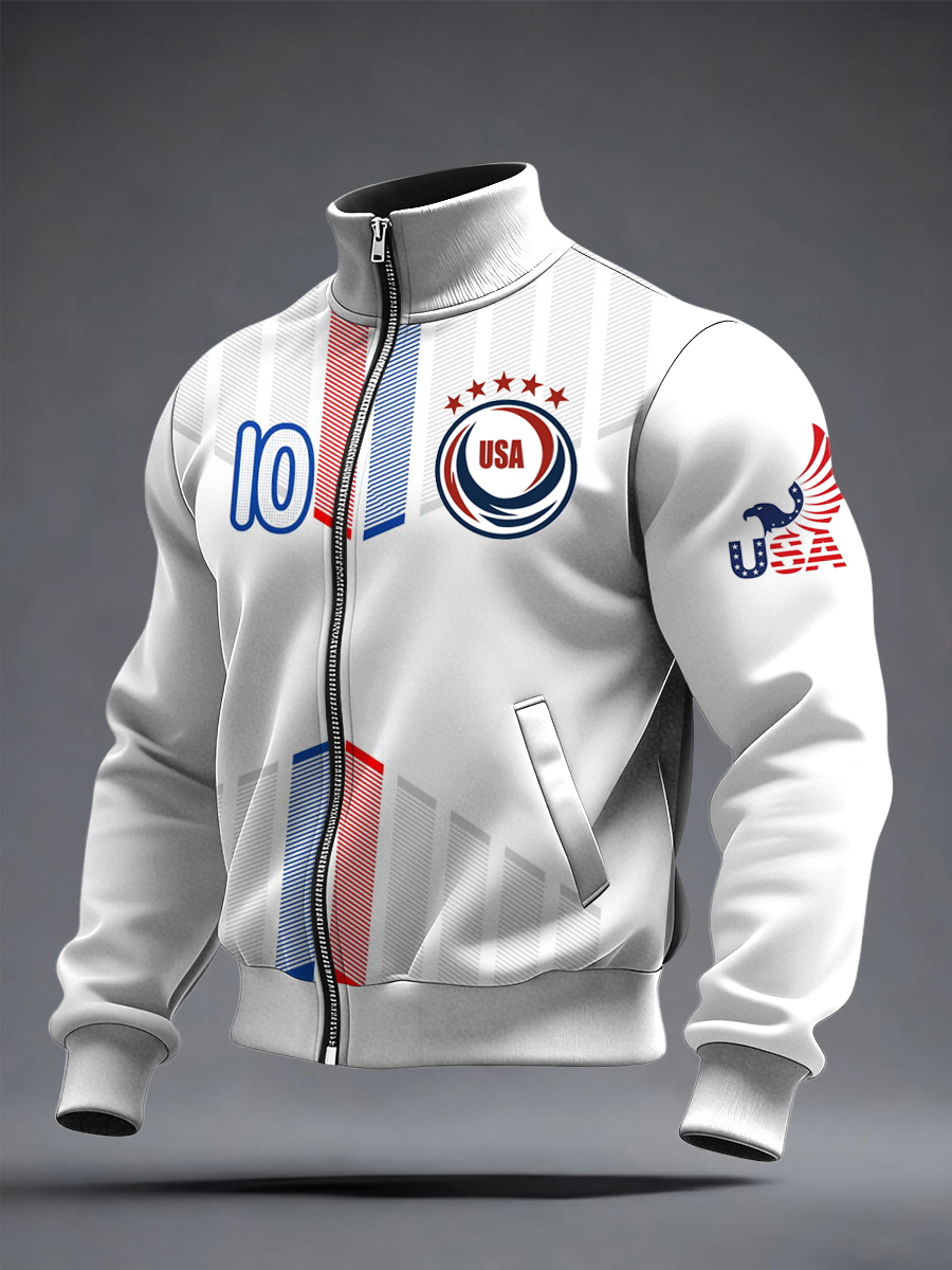 Men's US Printed long Sleeved Zipper Stand Up Collar Jacket