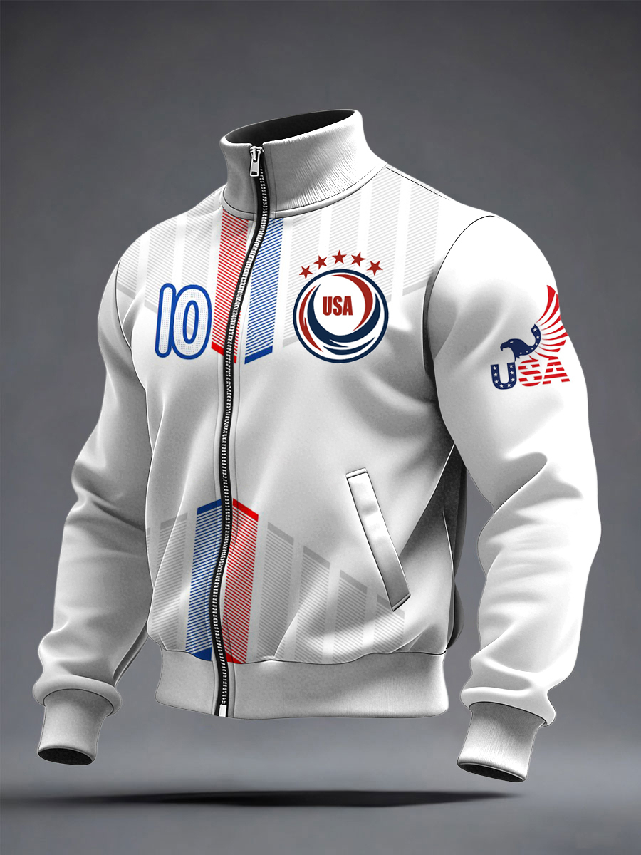 Men's US Printed long Sleeved Zipper Stand Up Collar Jacket