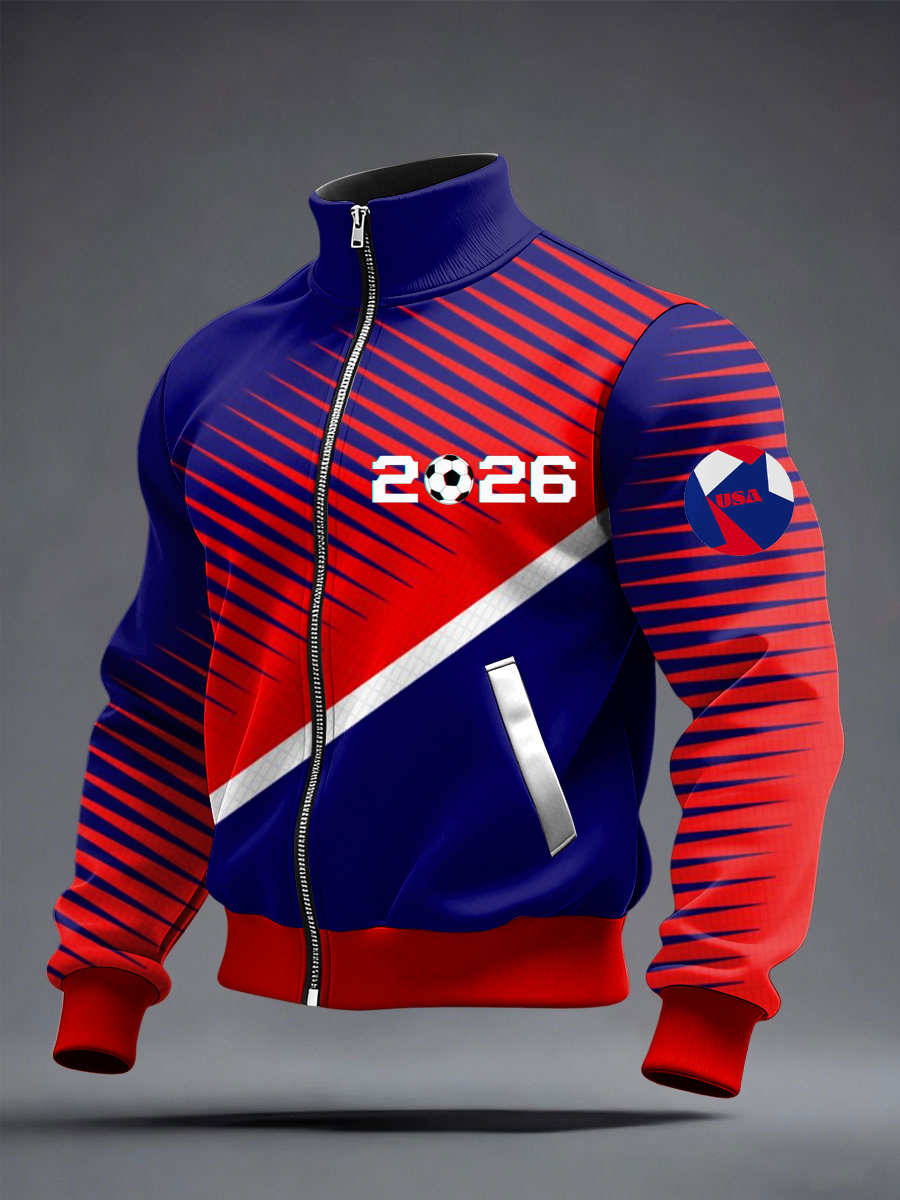 Men's US Printed long Sleeved Zipper Stand Up Collar Jacket