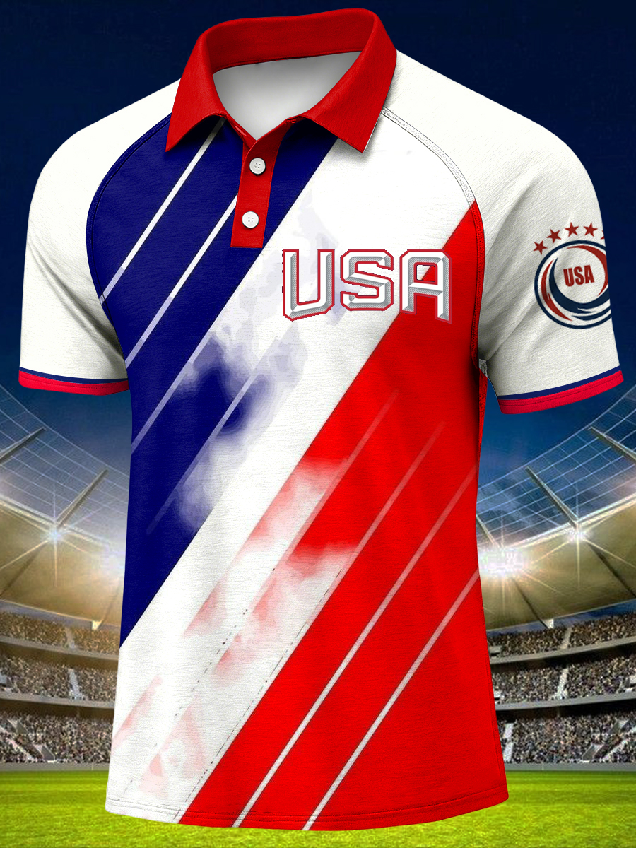 Men's USA Print Raglan Sleeve Polo Collar Casual Short Sleeved Shirt