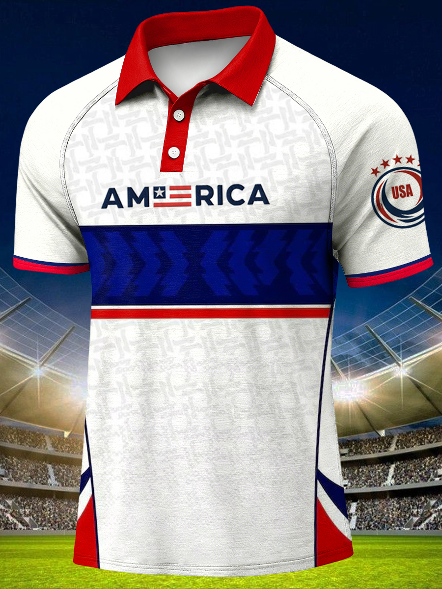 Men's USA Print Raglan Sleeve Polo Collar Casual Short Sleeved Shirt