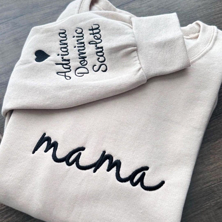 Custom mama Embroidered Sweatshirt with Kids Names on Sleeves