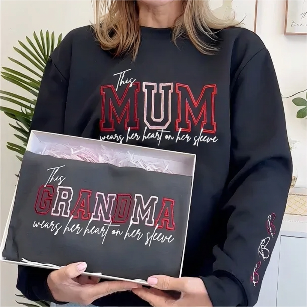 Custom Heart On Sleeve Embroidered Sweatshirt – Meaningful Gift for Mum & Grandma