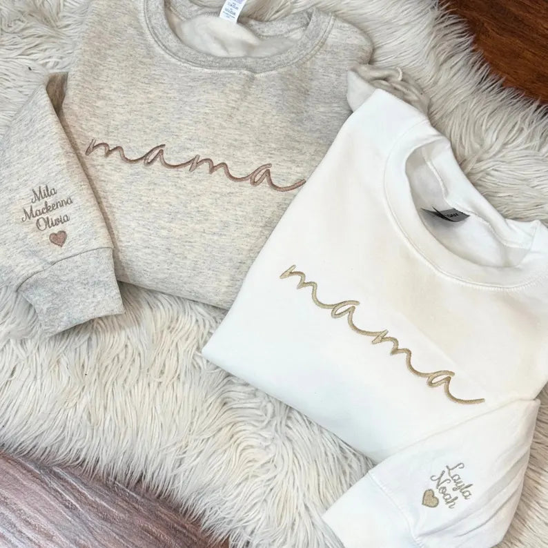 Custom mama Embroidered Sweatshirt with Kids Names on Sleeves