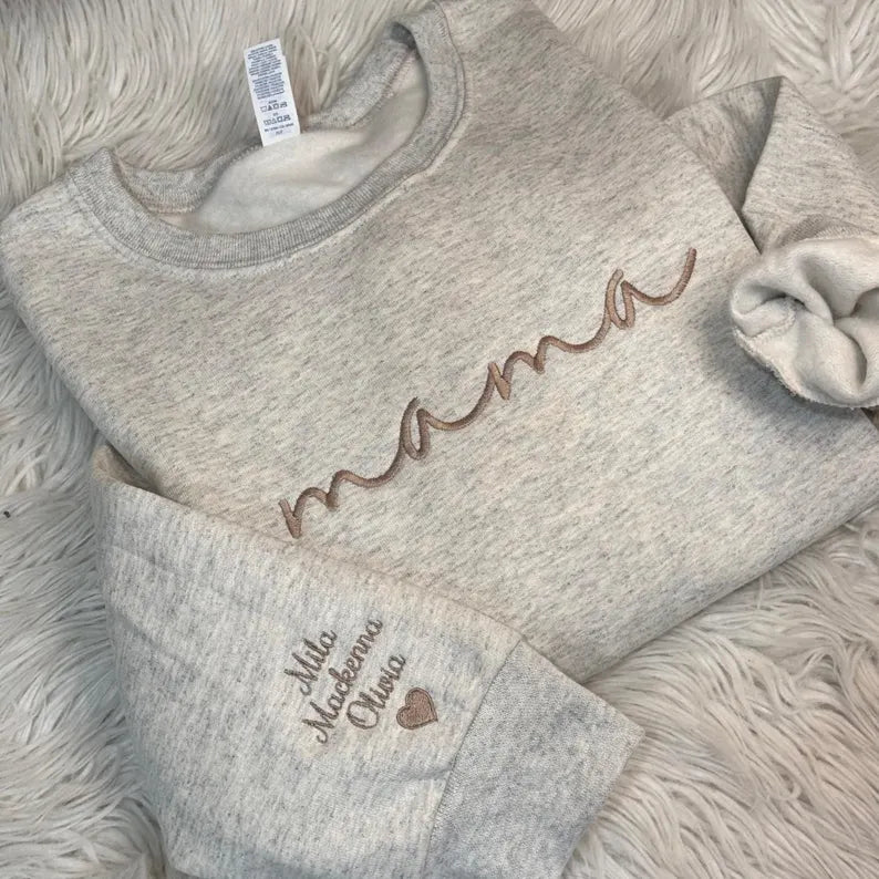 Custom mama Embroidered Sweatshirt with Kids Names on Sleeves