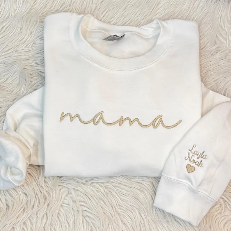 Custom mama Embroidered Sweatshirt with Kids Names on Sleeves
