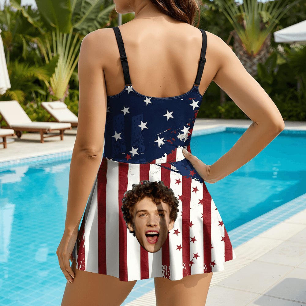 Custom Skirted One-Piece Swimsuit With Your Face Usa Flag Pattern Patriotic Summer Sale Gift For Her