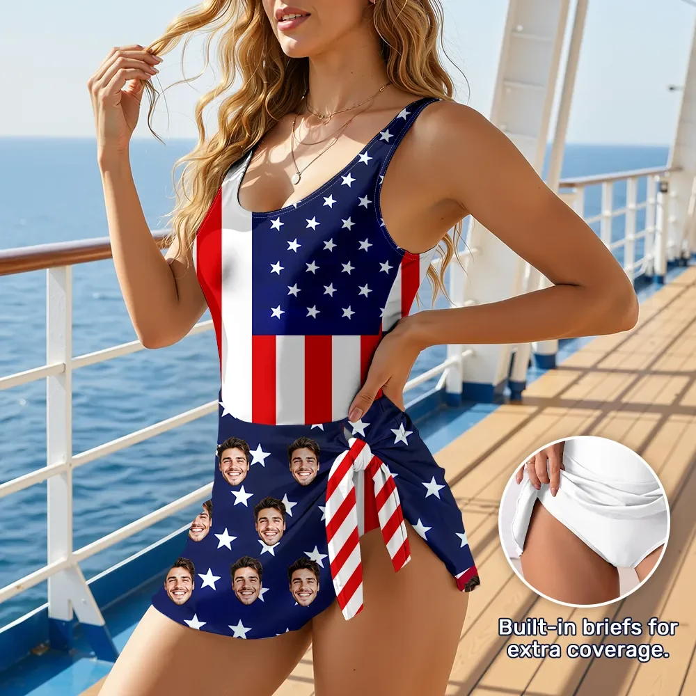 Custom Skirted One-Piece Swimsuit With Your Face Distressed Usa Flag Pattern Patriotic Summer Sale Gift For Her