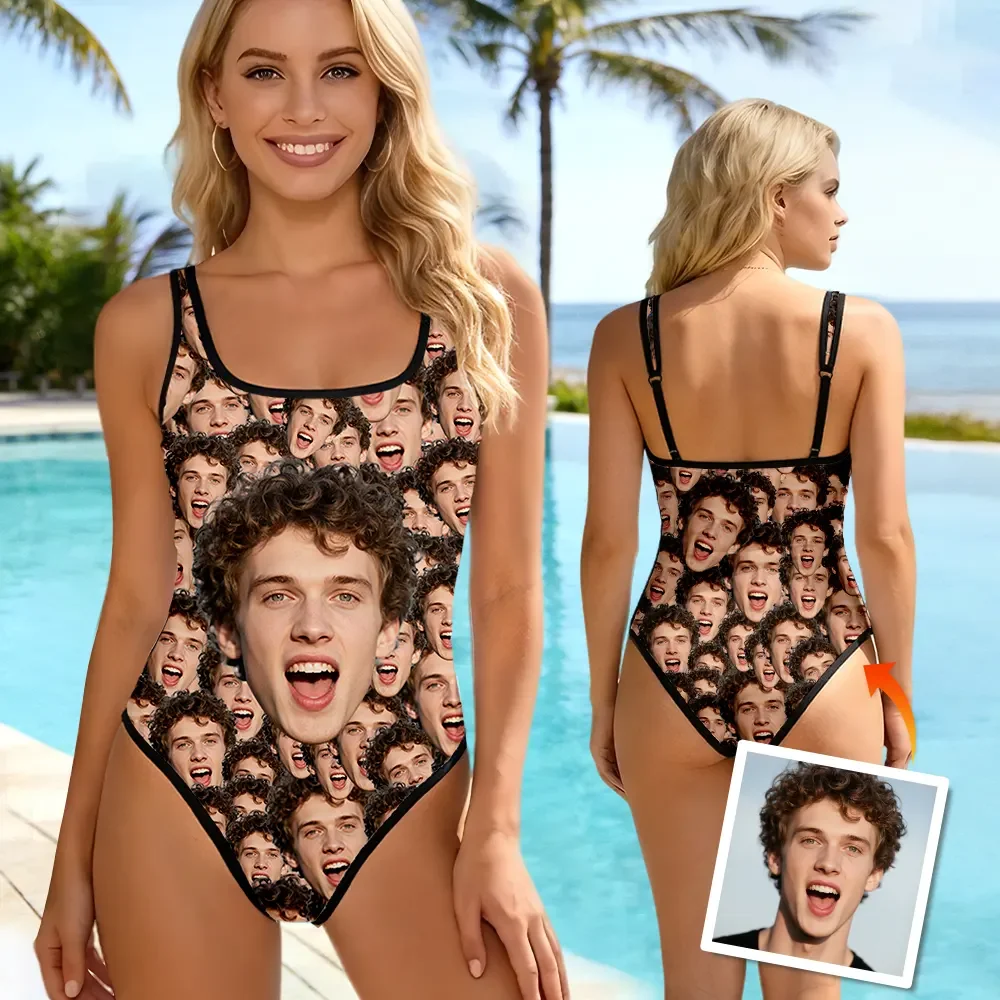 Custom One-Piece Swimsuit With Your Face Print All Over Pattern Summer Sale Gift For Her