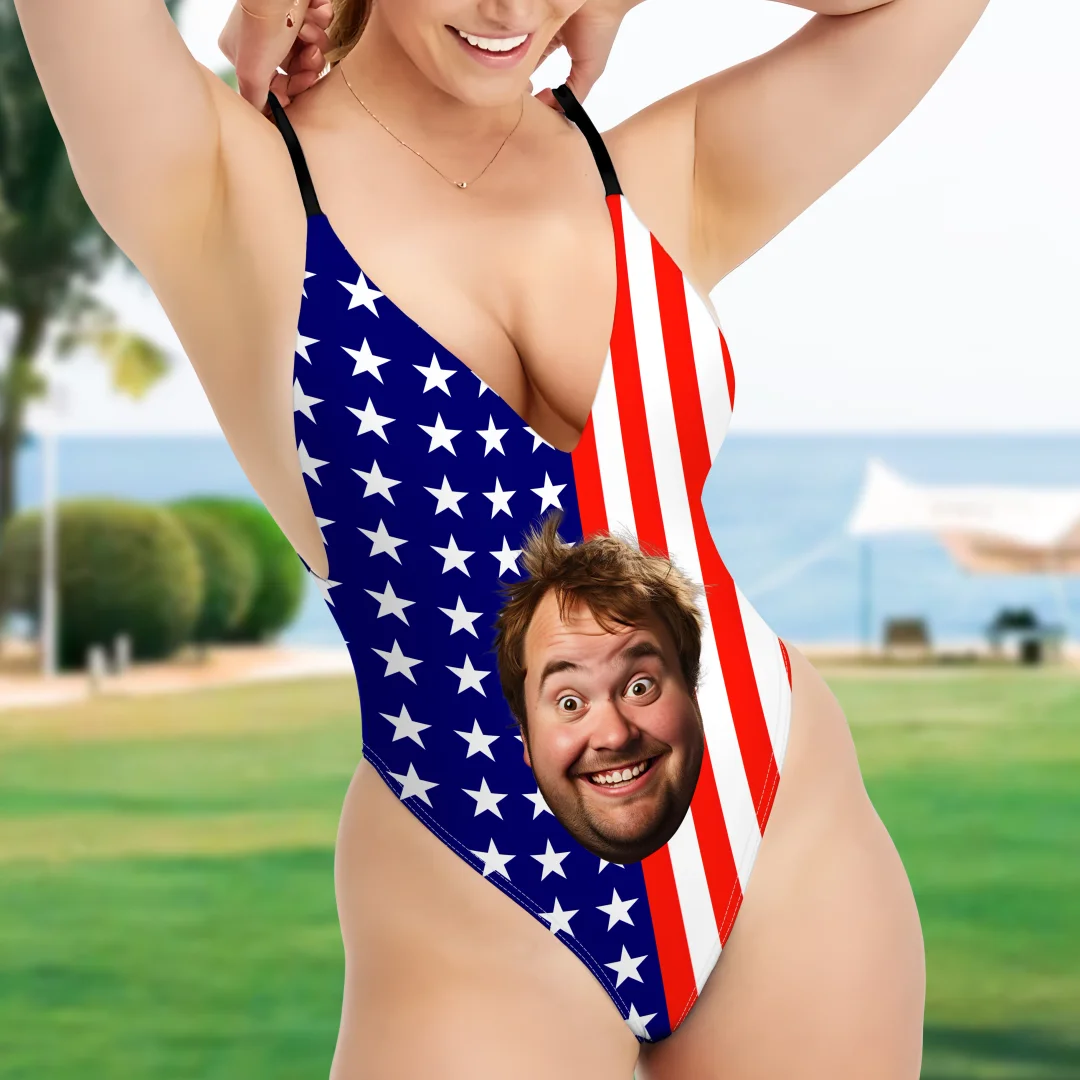 Custom Beach One-Piece Swimsuit Bathing Suit Personalized Photo Swimsuit Independence Day American Flag Swimsuit