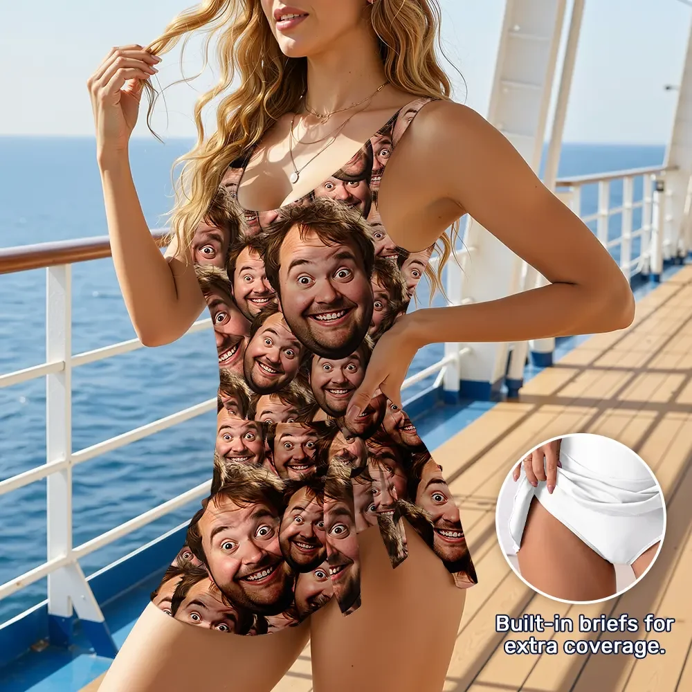 Custom Skirted One-Piece Swimsuit With Your Face Print All Over Pattern Funny Summer Sale Gift For Her